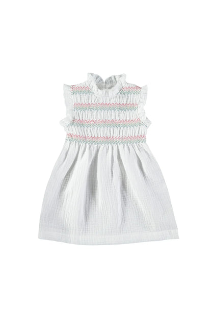 Robe blanche à smocks multicolores