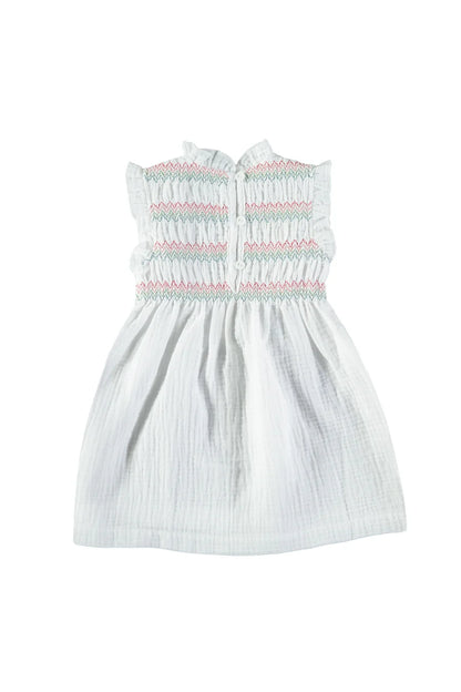 Robe blanche à smocks multicolores