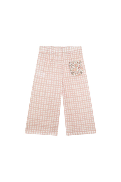 Pantalon long pour fille en vichy rose et fleurs