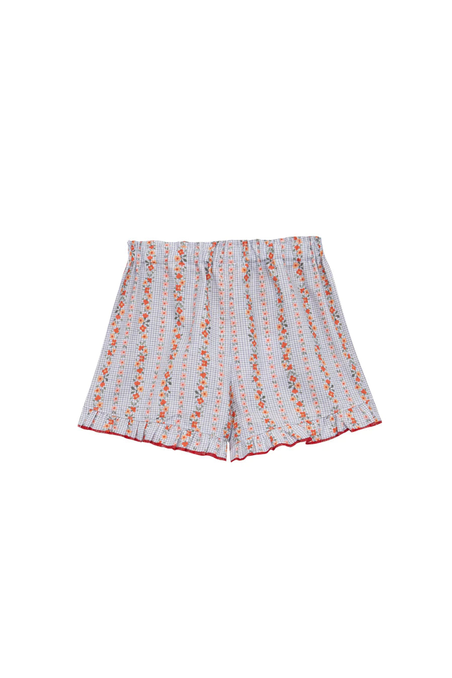 Short Vichy bleu à fleurs rouges